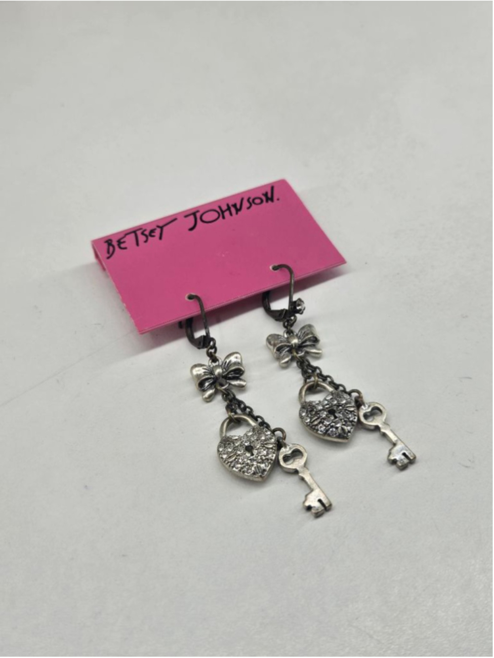 Betsey Johnson NWT Dangle Drop Earrings Silver Heart Lock Bow Key Sparkle